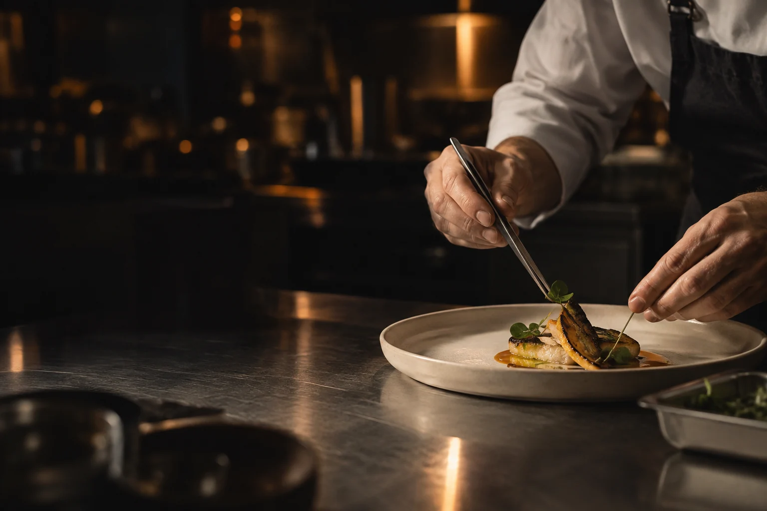 A chef carefully finishes a dish with tweezers