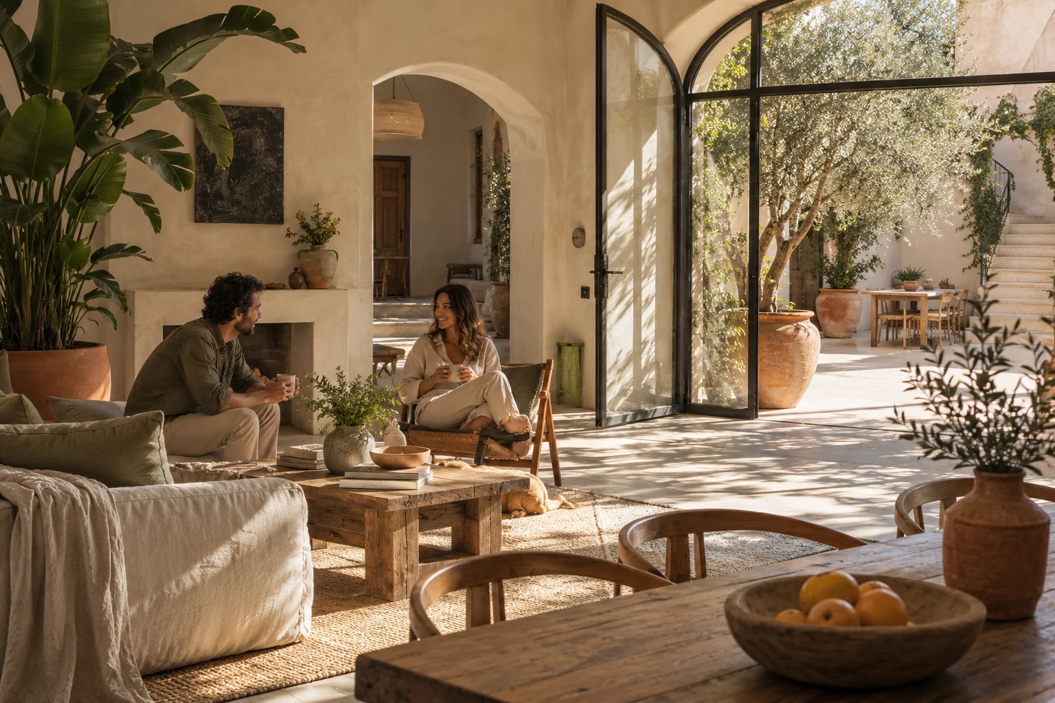 Sunlit shared home where residents gather around a table
